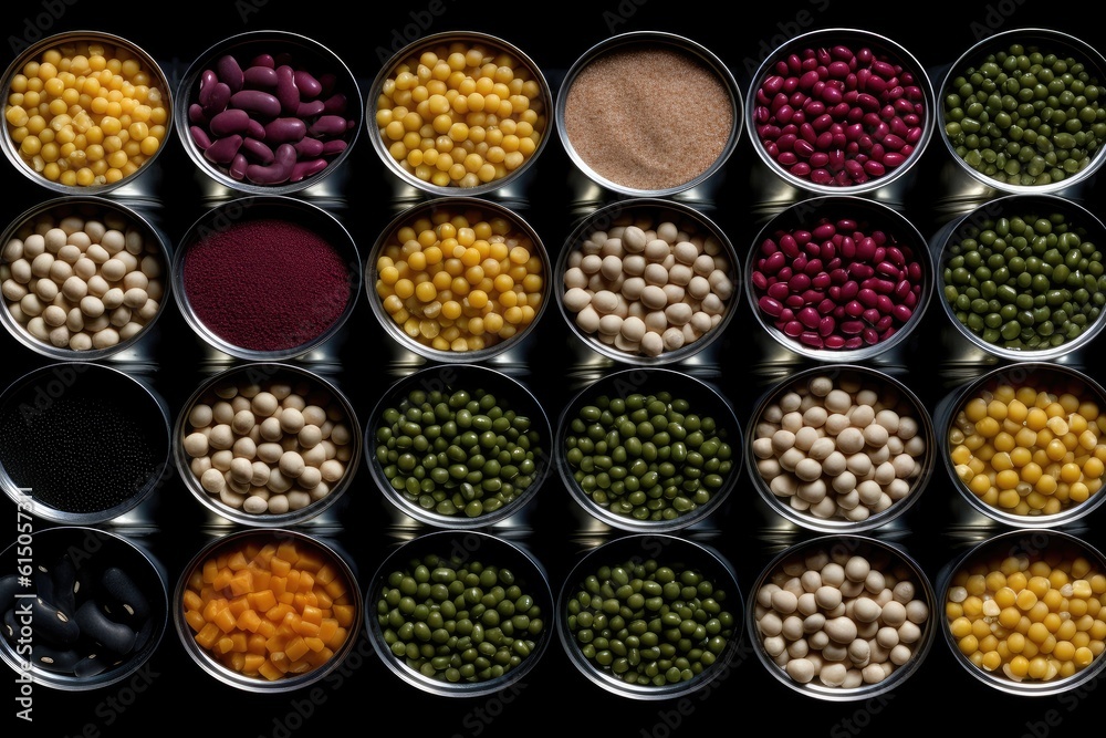 Assorted organic legume products in jars, top view.