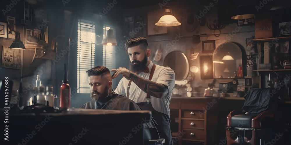 A barber carefully trimming a customer's hair, as the customer's face lights up with satisfaction, in a modern and sleek barbershop
