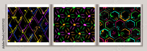 Set of abstract patterns with geometric shapes, paint brush strokes, blots, spattered paint of neon bright colors. Grunge style for sports goods, prints, clothing, t shirt design, vinyl wrap.