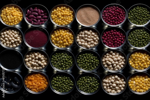 Assorted organic legume products in jars, top view.