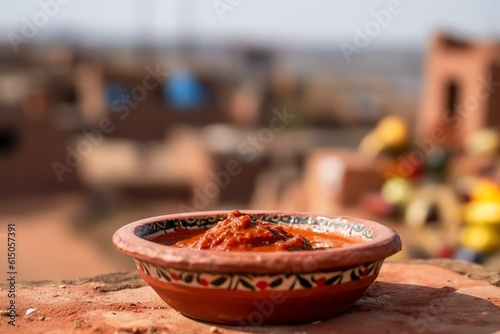 Fototapeta Naklejka Na Ścianę i Meble -  A fiery Moroccan harissa sauce in a clay bowl wallpaper