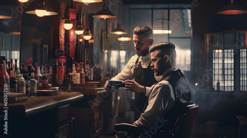A barber carefully trimming a customer's hair, as the customer's face lights up with satisfaction, in a modern and sleek barbershop