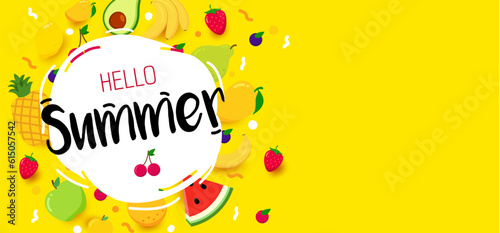 Bright summer banner with fruits. Hello summer. Summer time.
