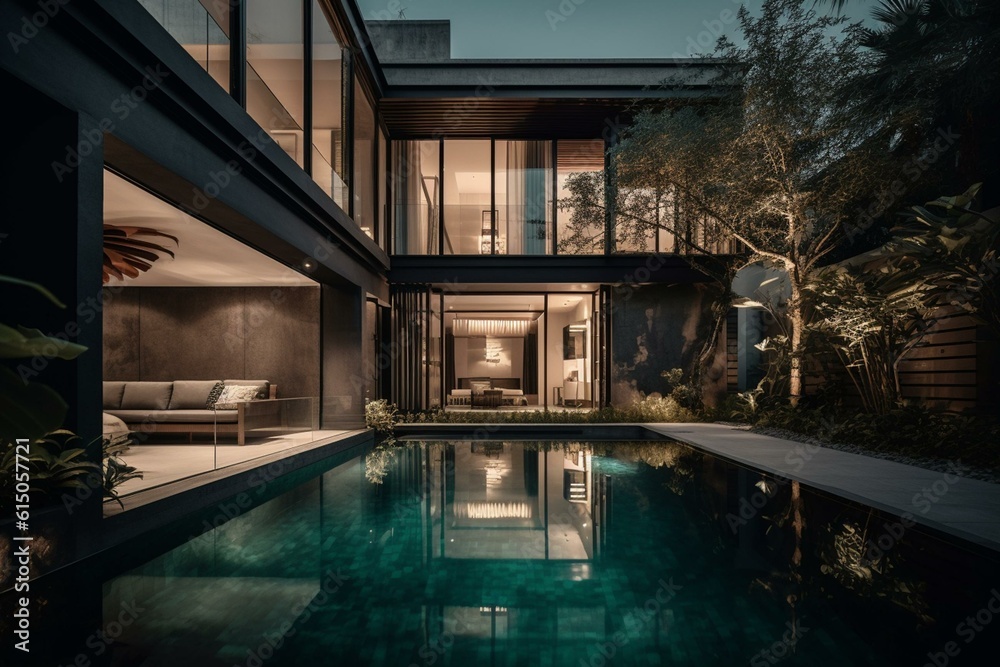 Contemporary pool villa. Generative AI
