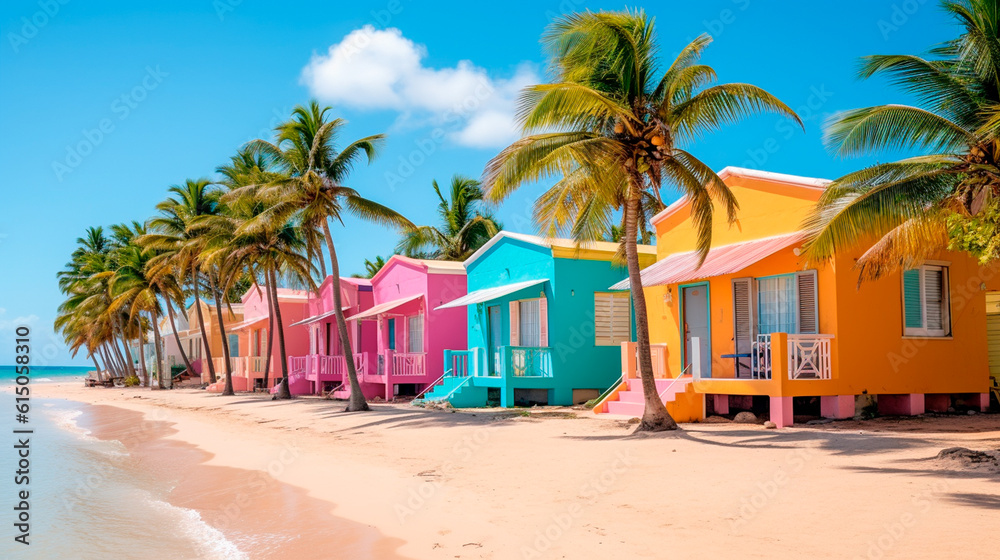 Fototapeta premium Colorful houses on Catalina beach, dominican republic with palm trees. Generative AI