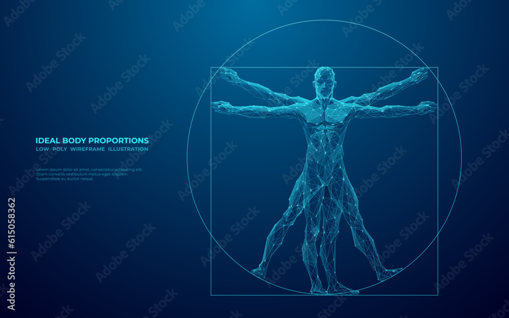 Digital Vitruvian Human. Da Vinci Anatomy Body is Made of connected dots, lines and triangles. Abstract Polygonal Wireframe Vector Illustration on Technological Blue Background. - obrazy, fototapety, plakaty 