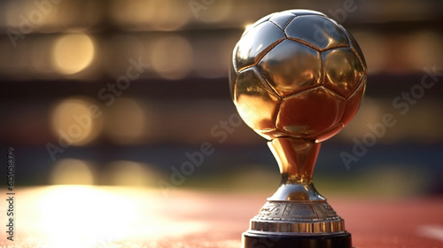 Football soccer ball and trophy cup on stadium. Generative AI photo