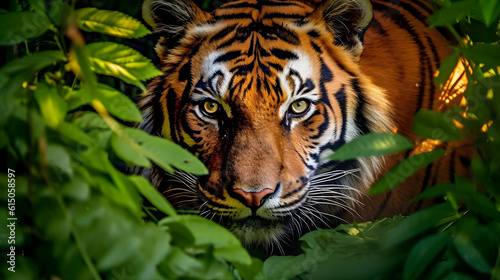 A majestic Bengal Tiger emerges from the lush green foliage of an ancient rainforest  its striking orange fur contrasting against the vibrant shades of the surrounding leaves
