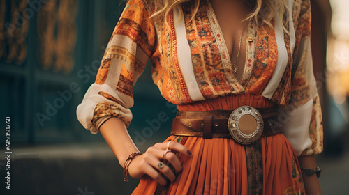 woman in an orange bohemian outfit, focusing on the belt made with generative AI