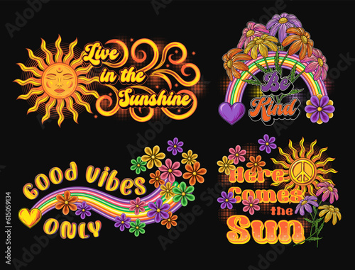 Summer groovy labels with sun, rainbow, chamomile flowers, hearts. Concept of peace, love and harmony. For clothing, apparel, T-shirts, surface decoration. Retro style illustration on black background