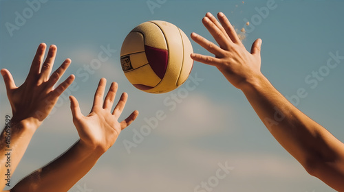 close-up of two athletes playing beach volleyball, their hands reaching high in the air to hit the ball