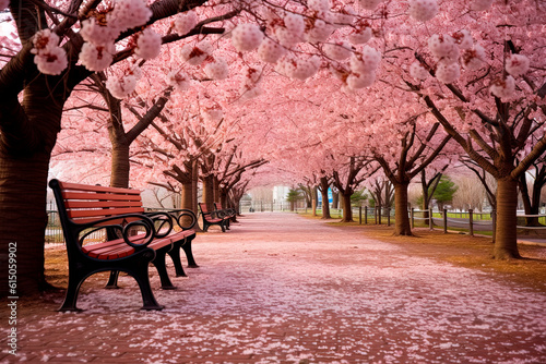 Fototapeta Benches in the park with blossoming cherry trees. Generative AI