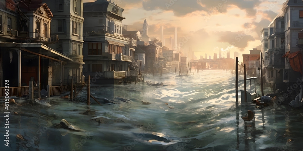 A coastal city engulfed by rising sea levels, with submerged buildings