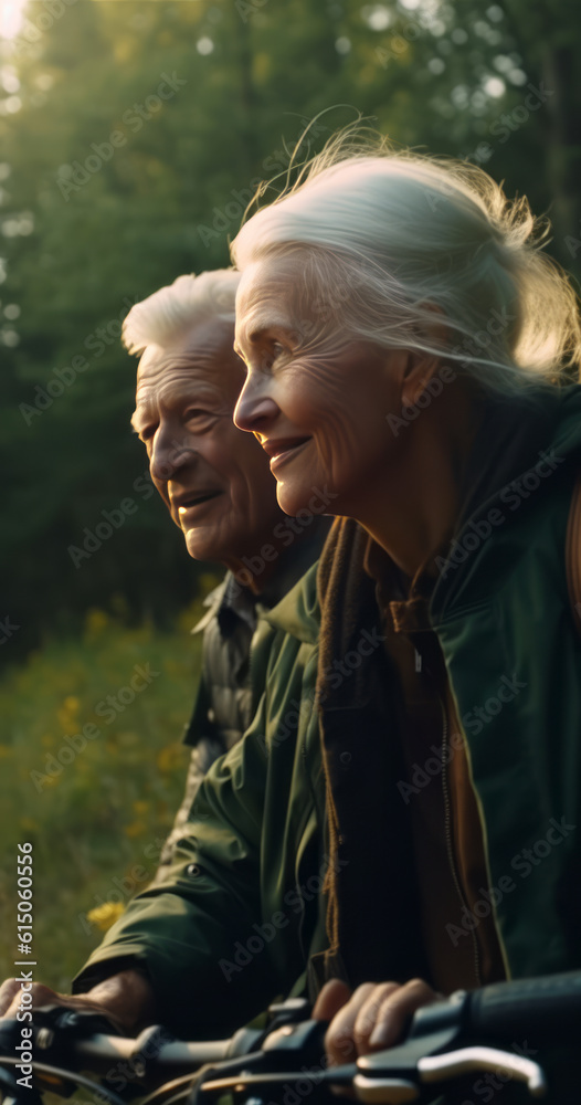 Happy older couple explores nature by bike