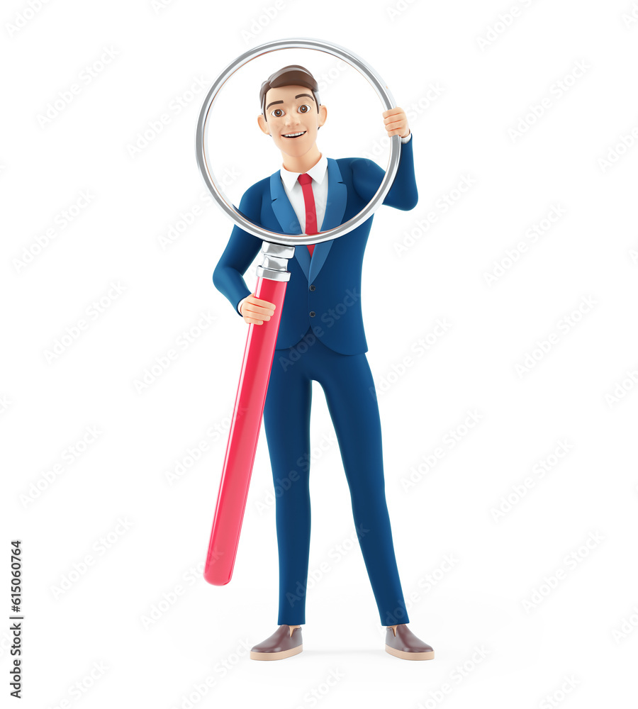 3d cartoon businessman holding big magnifying glass 3d cartoon businessman holding big magnifying glass