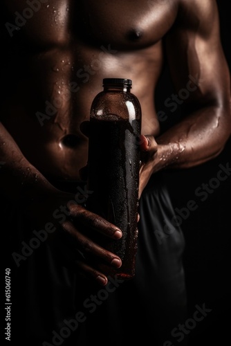 fitness, arm and coke with a bottle in a hand of black man drinking water after workout, created with generative ai