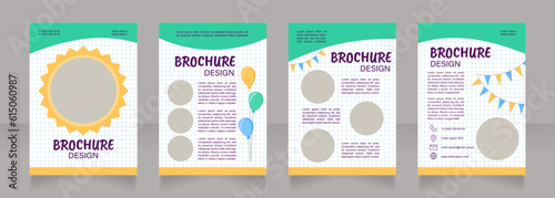 Summer camp party blank brochure design. Children holiday. Template set with copy space for text. Premade corporate reports collection. Editable 4 paper pages. Caveat Brush, Acumin, Arial fonts used
