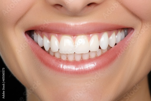 Closeup of a young woman with a bright smile and healthy teeth. Dentistry treatments contribute to her confident appearance. Concept  Dental health and aesthetics.
