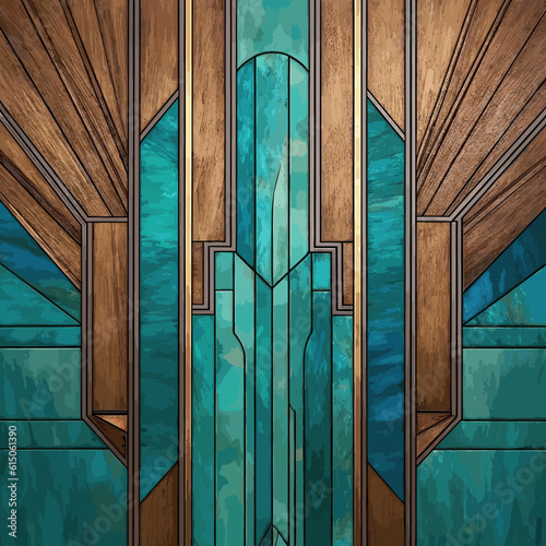 Vector Art Deco parquet panel with a wood texture and, turquoise and azure inlays background wallpaper.