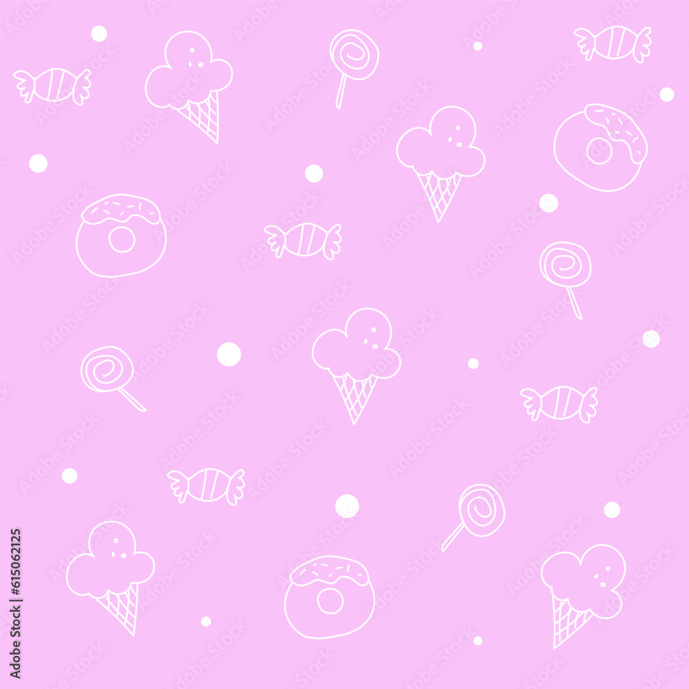 Seamless vector pattern with shaped sweets, ice-cream,donut and candies on pink background.