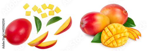 Fototapeta Naklejka Na Ścianę i Meble -  Mango fruit half with slices isolated on white background. Set or collection. Top view. Flat lay