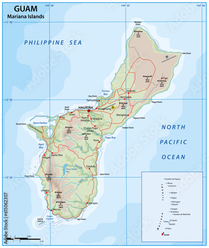 Vector road map of the island of Guam, Mariana Islands, United States