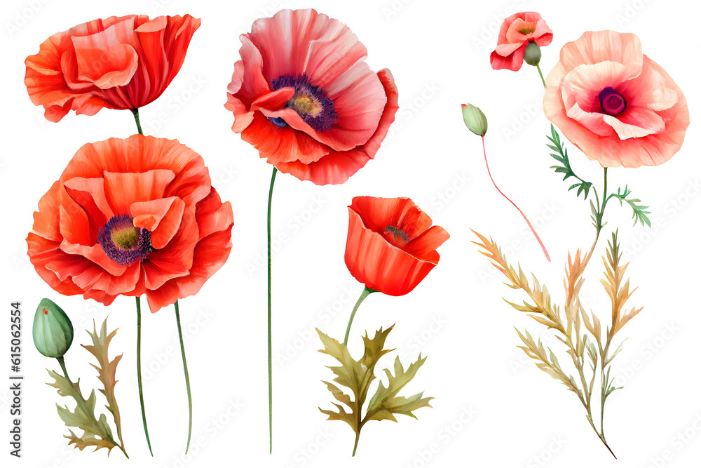 Fototapeta premium Watercolor red poppies as a design element. Generative AI.