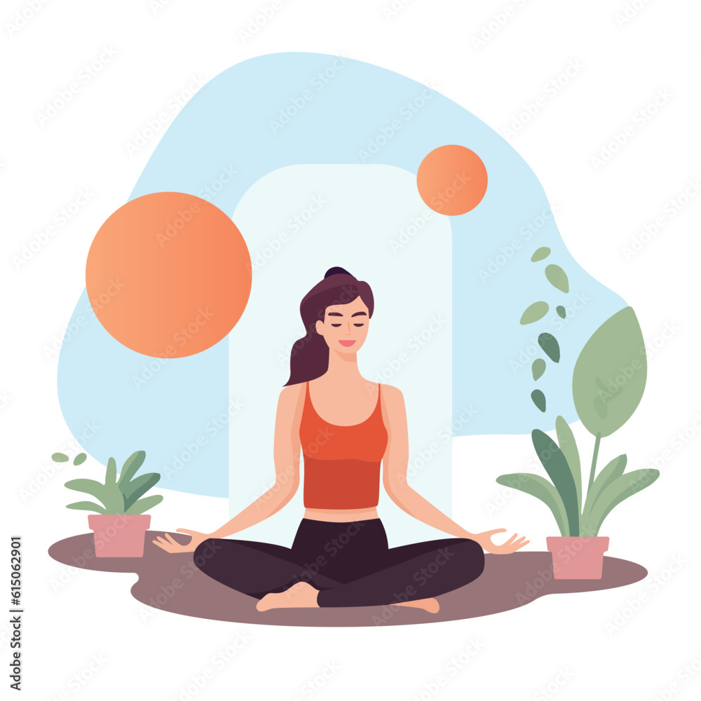 Woman meditating. Young woman practices yoga. Physical and spiritual practice. Vector illustration in flat cartoon style.