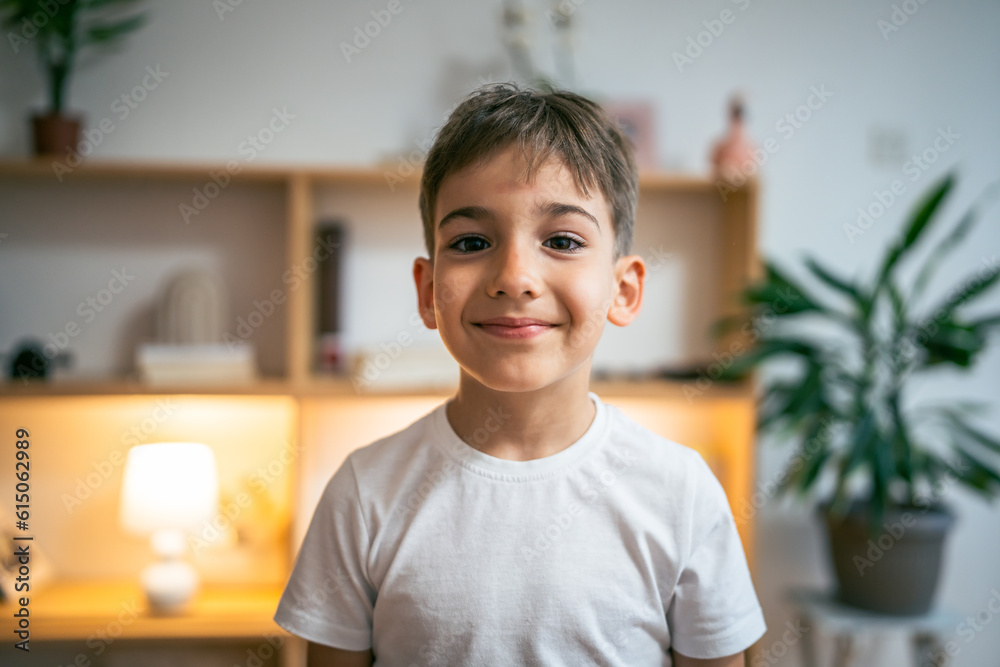 One boy child happy caucasian preschooler portrait stand at home One boy child happy caucasian preschooler portrait stand at home