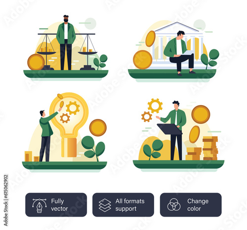 Set of finance growth illustration. Character analysing investments and money growth.