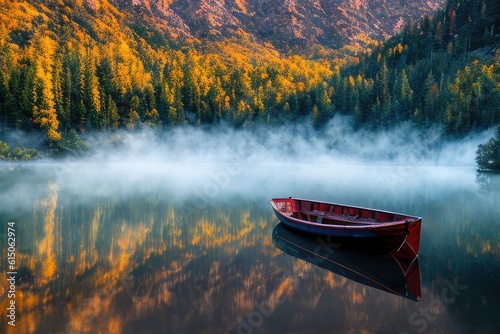boat on lake with mountain, generative ai © drimerz
