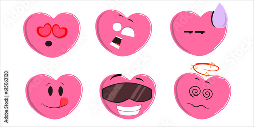 Cartoon heart character. Cute love symbols with faces different poses,
