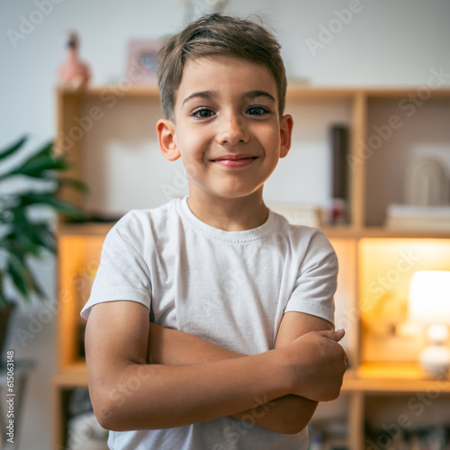 One boy child happy caucasian preschooler portrait stand at home