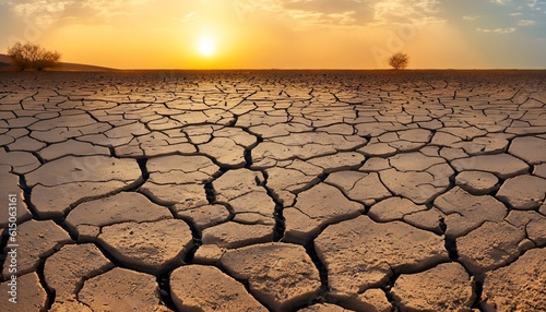 cracked earth in the desert, golden sunset background mud cracks, Cracked mud sand in a desert flood plain, Ai Generate 