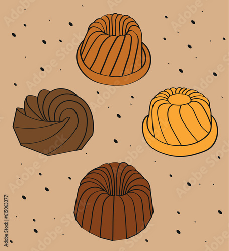 Black outline colored bundt cake vector icon illustration set.