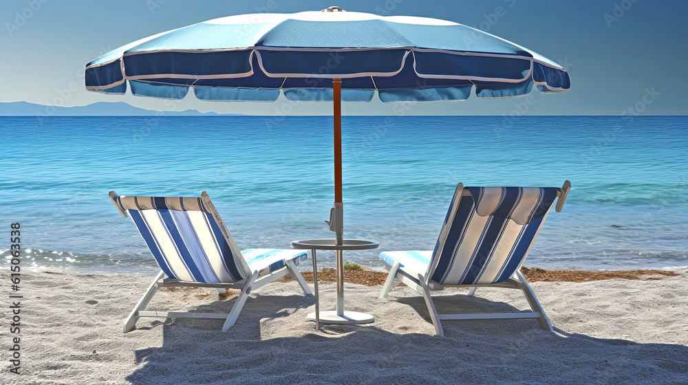 Beach umbrella and chair by the sea