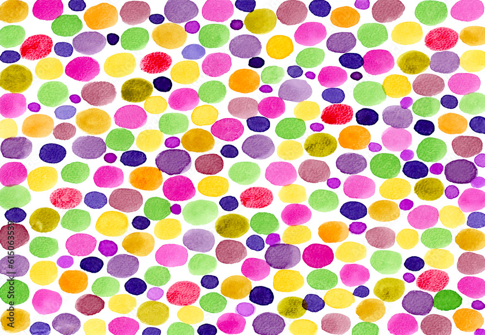Abstract water color dot elements. Colorful watercolor background. Hand drawing. Geometric elements: oval. Watercolor gradient. Pink, yellow purple dots. Colorful blotch layout, banner, card, template