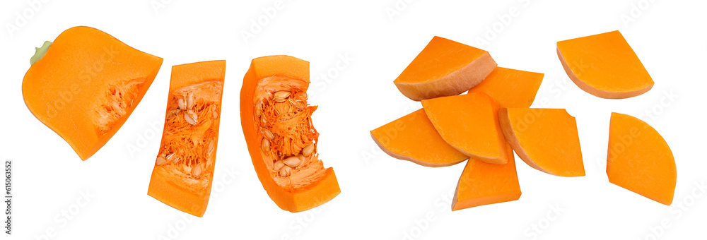 pumpkin or butternut squash slice isolated on white background with full depth of field. Top view. Flat lay