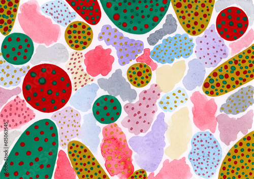 Abstract watercolor and tempera background. Hand drawing. Geometric elements. Dots pattern. Colorful blotch layout, banner, card, template. Hand painted textile. Surface design.