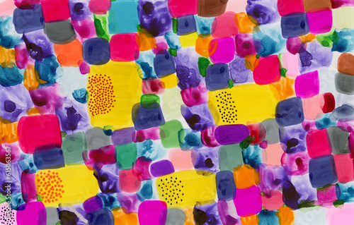 Square colorful pattern. Abstract colorful geometric elements. Watercolor and marker pattern. Hand drawing illustration. Purple pink aesthetic. Colorful blotch or cubes layout, banner, card, template.