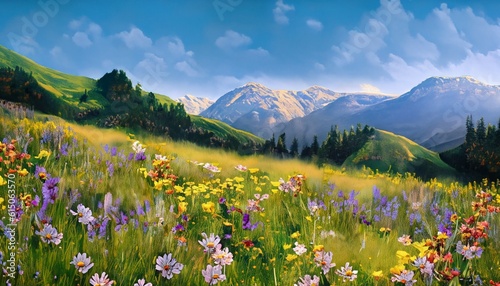 meadow with wildflowers  Mountains flowers meadow  Ai Generate 