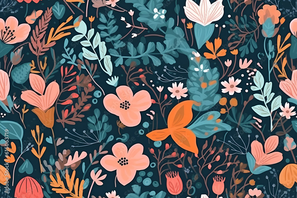 Floral pattern. Seamless pattern with decorative flowers and plants. AI generated Floral pattern. Seamless pattern with decorative flowers and plants. AI generated