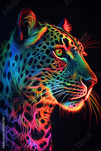 Portrait of a leopard in neon light on a black