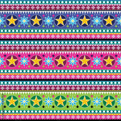 Pakistani or Indian truck art seamless vector vertical pattern with stars and flowers, vibrant ornament inspired by jingle trucks
 
