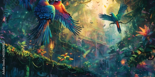 High up in the ancient rainforest canopy, a vibrant kaleidoscope of endangered tropical birds takes flight, their colorful feathers shimmering under the dappled sunlight.