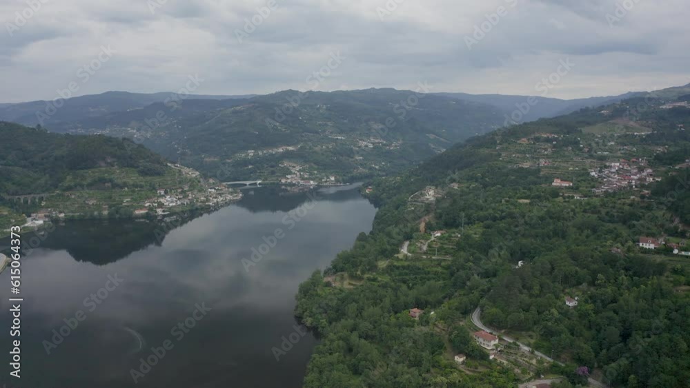 Aerial view of Douro river in Baião, Portugal at cloudy day. Aerial view of Douro river in Baião, Portugal at cloudy day.