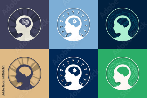 Set of Colorful icons and artworks depicting mental health and health issues with human head and brain.    Logo, design element, icon, card. Editable Vector Illustration. 