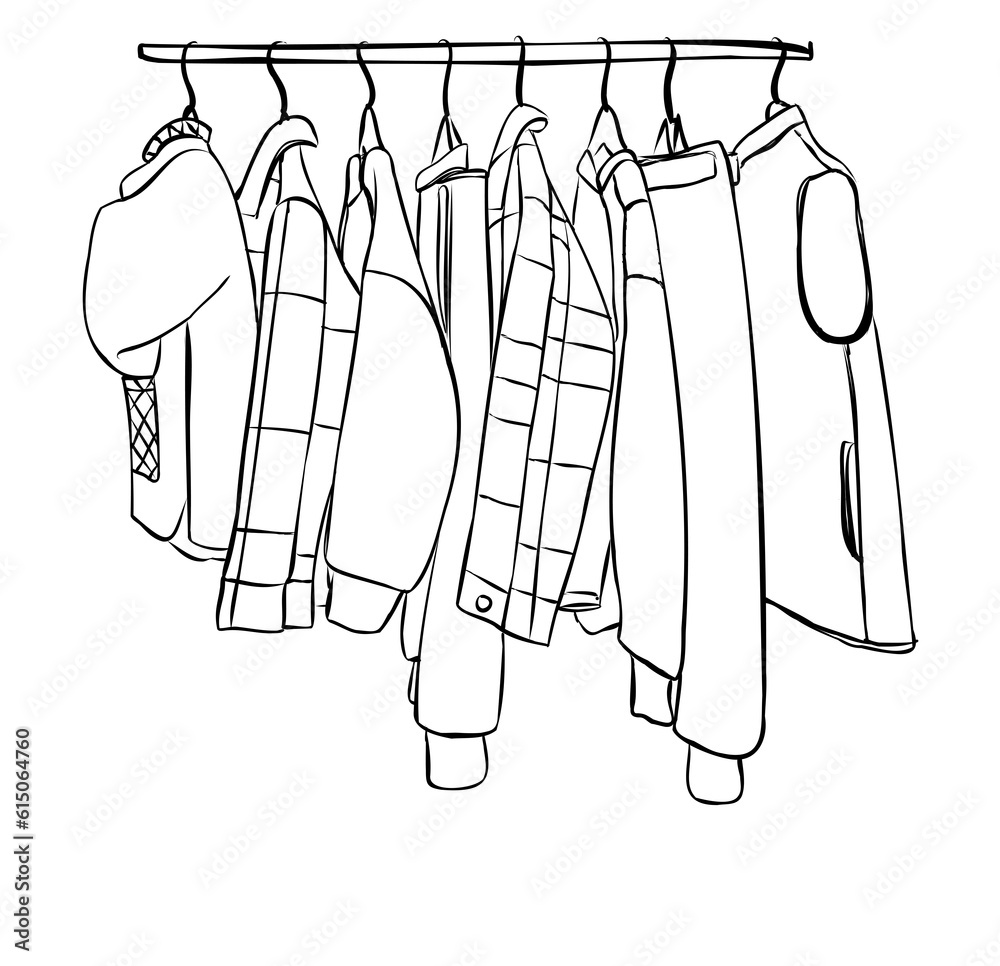 Hand drawn wardrobe sketch. Clothes on the hangers.