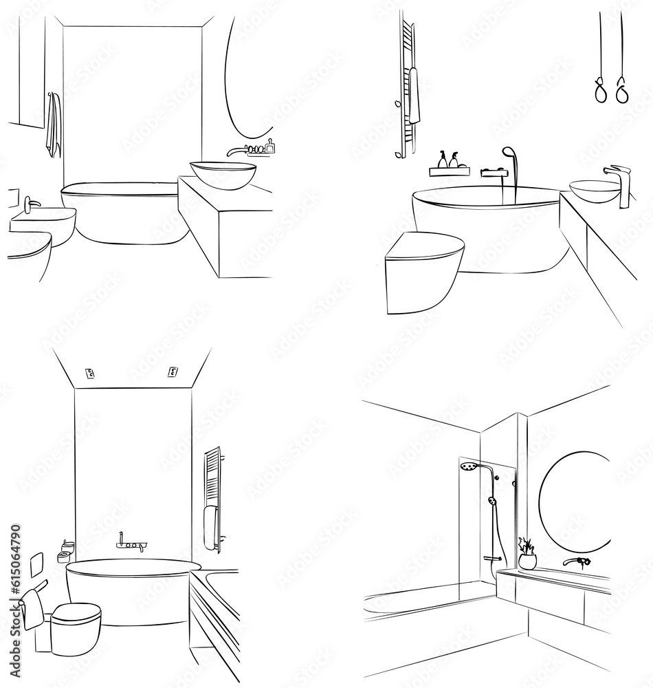 Hand drawn interior sketch. Home design bathroom, vector illustration. Set