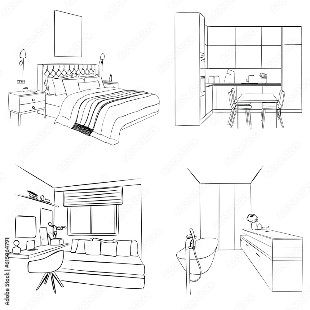 Sketch of an interior. Apartment design, set. Bedroom, kitchen, bathroom, home office